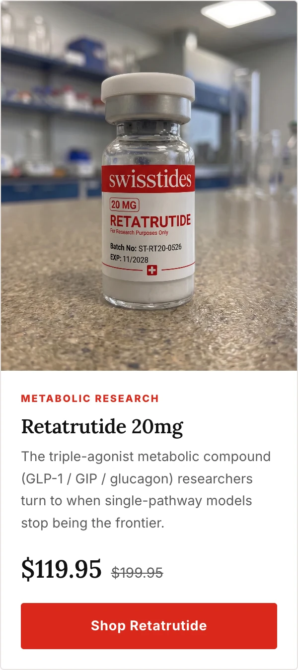 Metabolic research — Retatrutide 20mg, $119.95 (was $199.95). Shop Retatrutide.