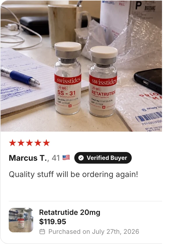 ★★★★★ Marcus T., 41, United States, Verified Buyer: “Quality stuff will be ordering again!” — Retatrutide 20mg, $119.95, purchased on July 27th, 2026