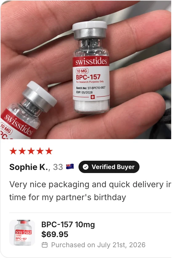 ★★★★★ Sophie K., 33, New Zealand, Verified Buyer: “Very nice packaging and quick delivery in time for my partner's birthday” — BPC-157 10mg, $69.95, purchased on July 21st, 2026