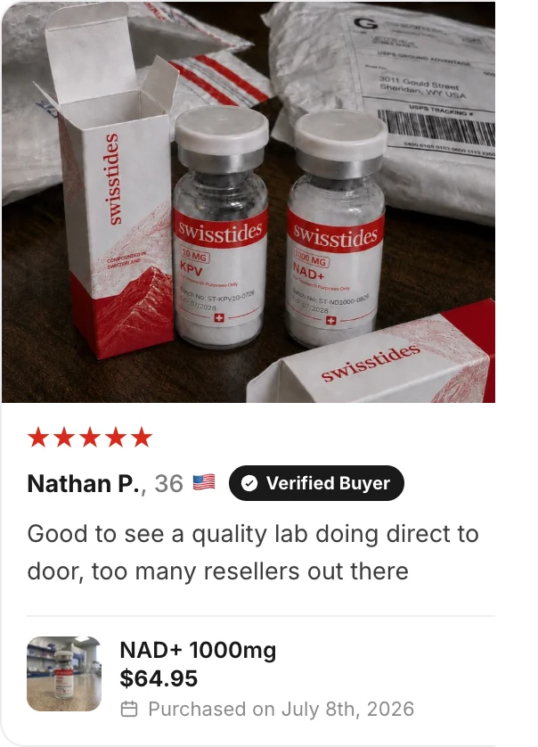 ★★★★★ Nathan P., 36, United States, Verified Buyer: “Good to see a quality lab doing direct to door, too many resellers out there” — NAD+ 1000mg, $64.95, purchased on July 8th, 2026